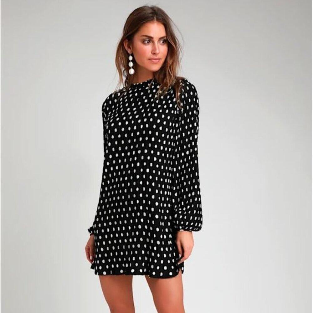 Lulus Black White Polka Dot Pleated Mini Dress Mock Neck Long Sleeve Small S
